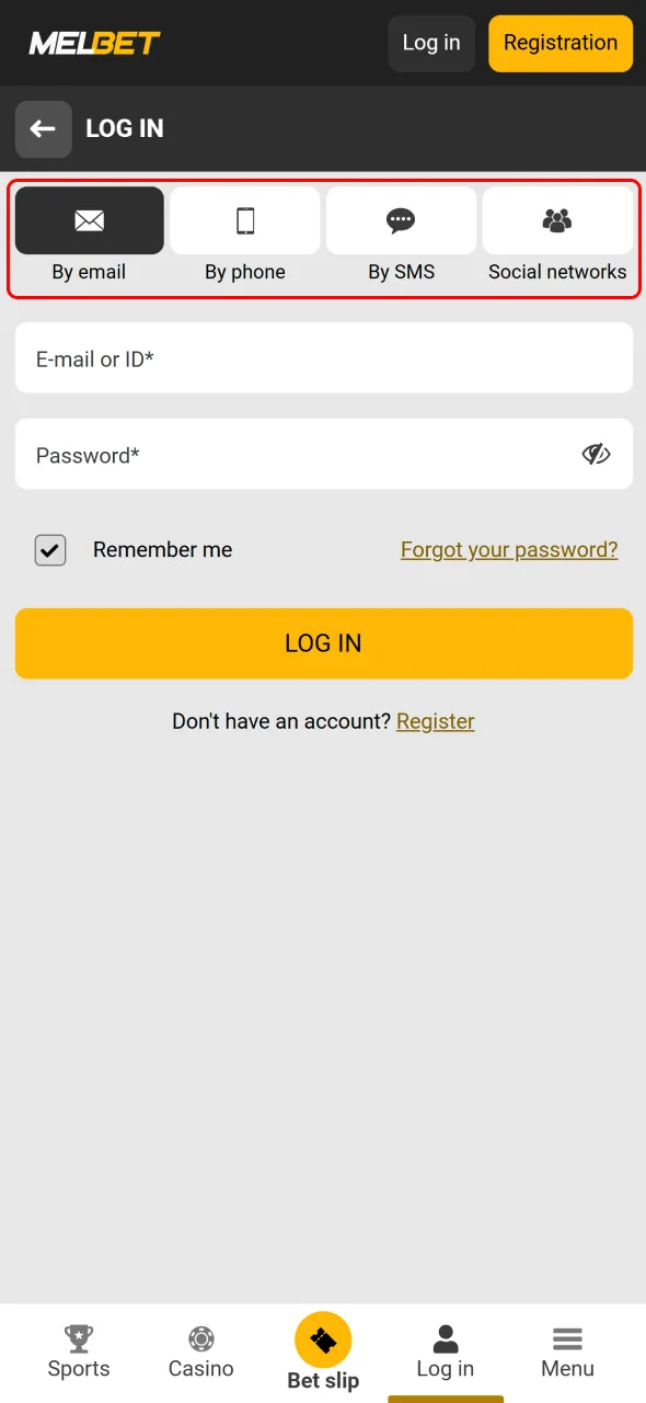 Choose your login method to quickly enter the Melbet Tanzania site.