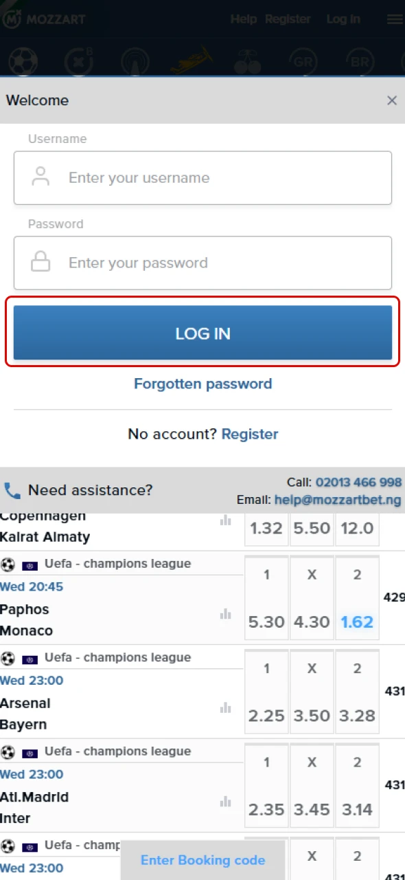 Confirm the login to enter MozzartBet and start betting.