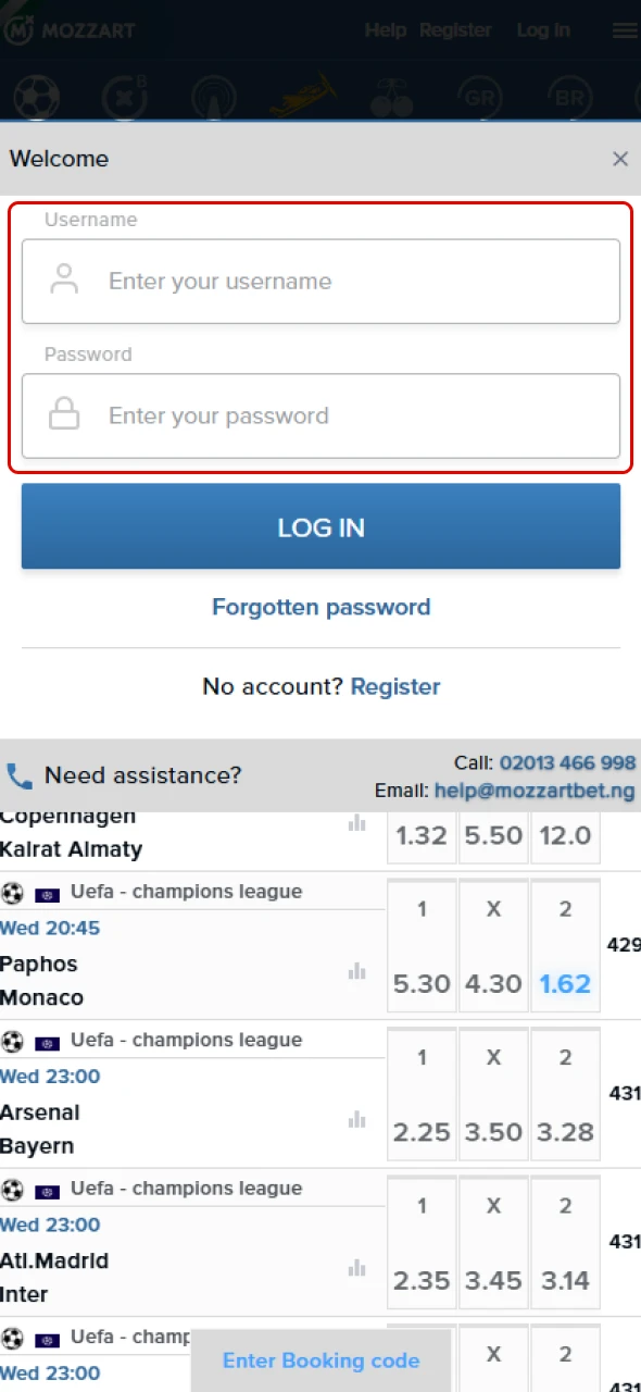 Enter your details in the login form at MozzartBet.