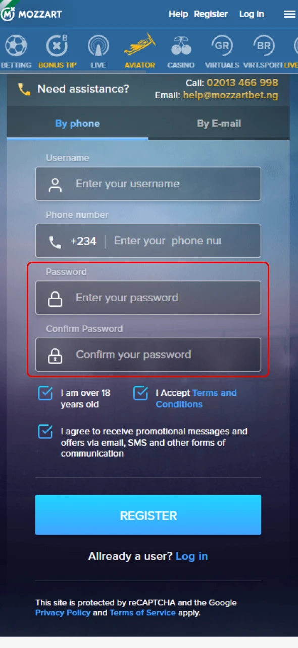 Add your personal information in the registration form for MozzartBet.