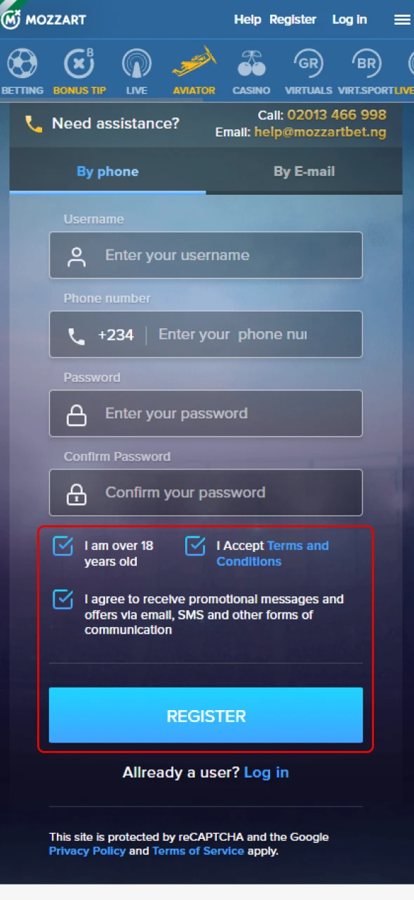 Accept the terms and click the confirm button to create a new account in MozzartBet.