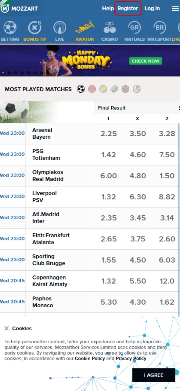 Press the Register button to start creating your new MozzartBet account.