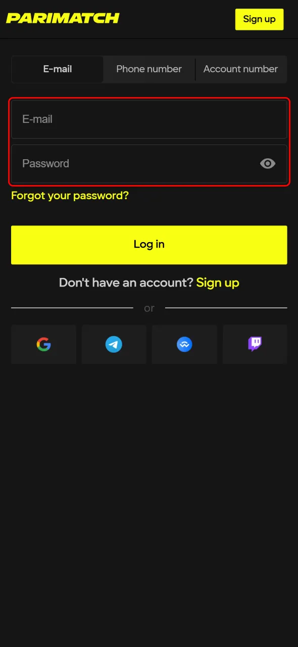 Enter phone or email with password to log in at Parimatch.