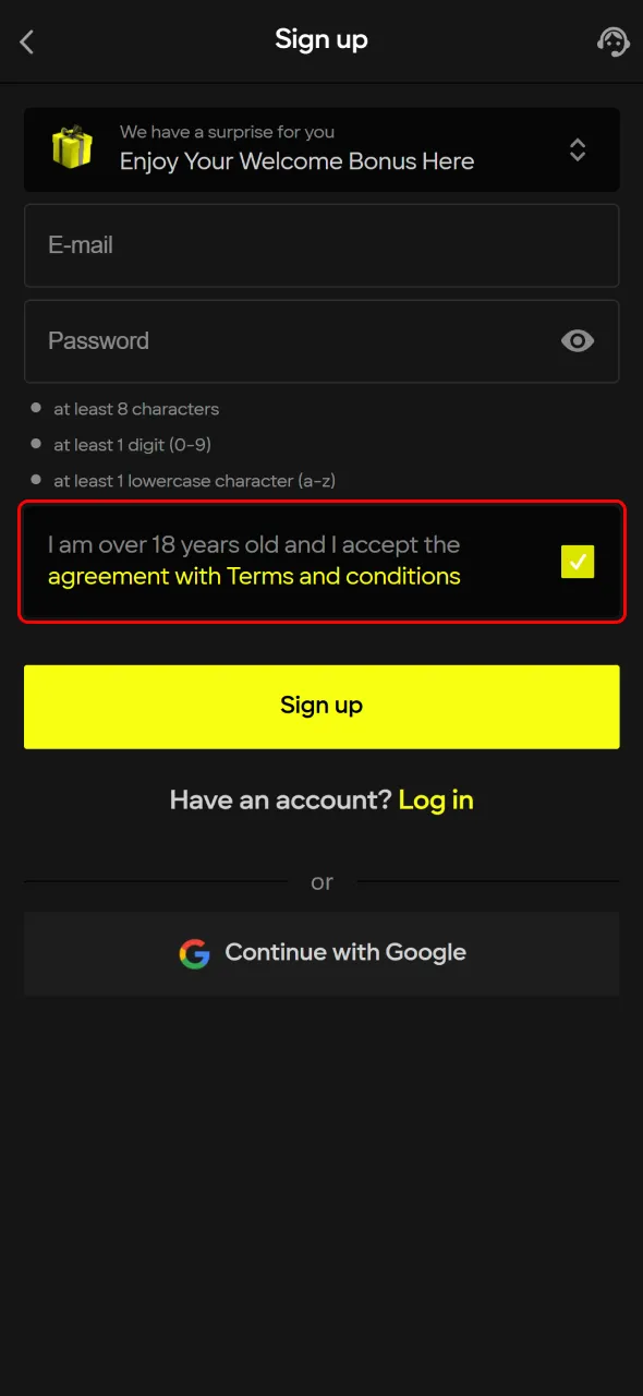 Confirm your age and accept Parimatch rules to start betting.