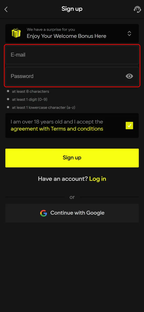 Provide contact details and password to complete your Parimatch sign-up.