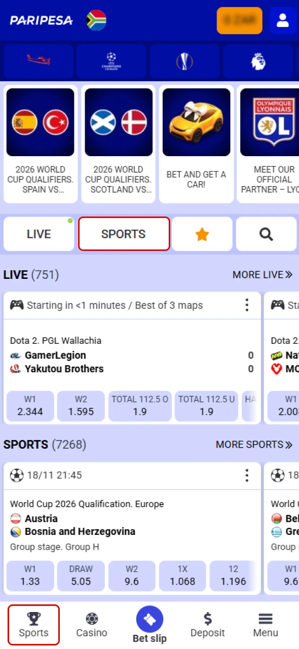 Open the Sportsbook section on Paripesa and select what you want to bet.