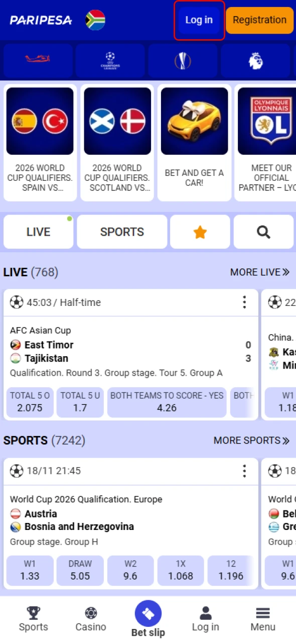 Sign in to your Paripesa account to start betting.