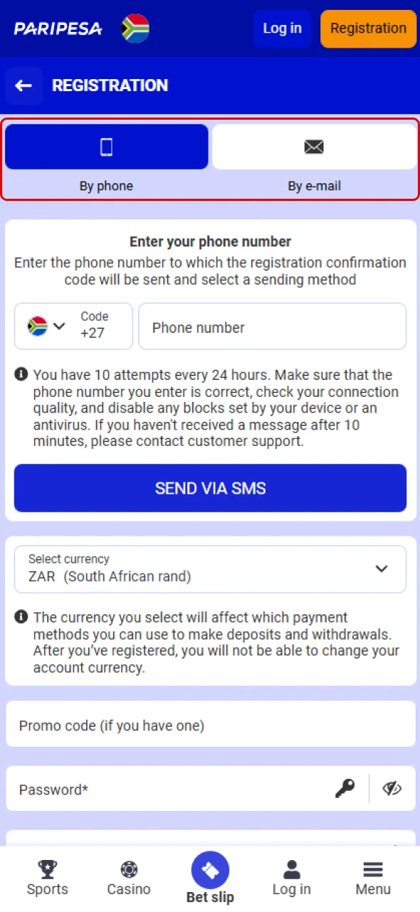 Choose your preferred method for Paripesa registration.