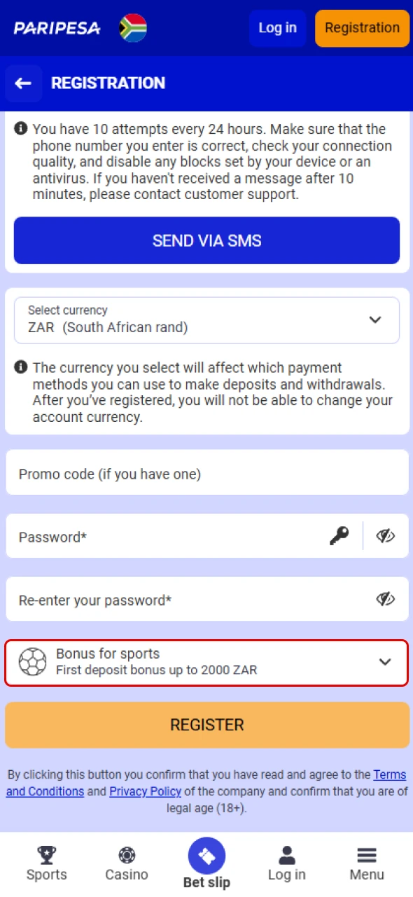 Select the bonus you wish to receive upon joining Paripesa in South Africa.