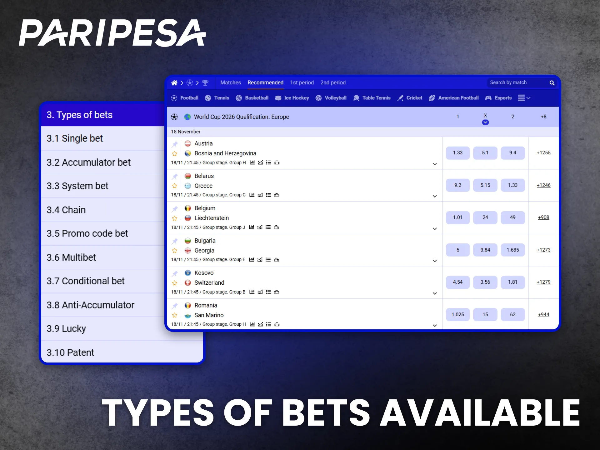 Paripesa provides varied bet types for different preferences.