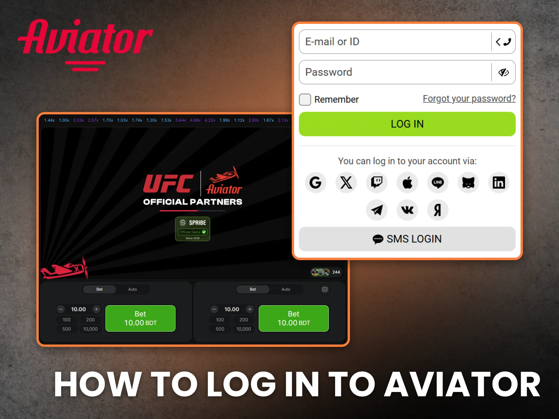Log in to your Aviator account quickly and start betting.