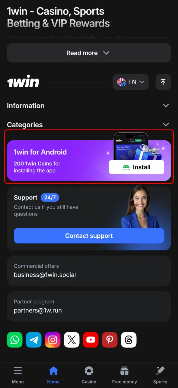 Press download on 1win site and get the Android app installation file.