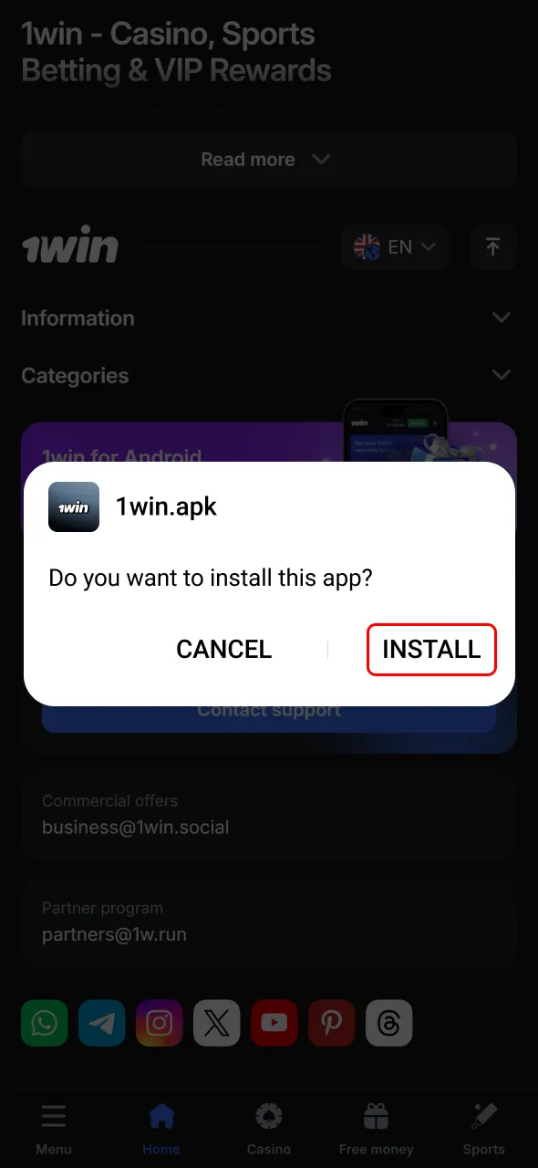 Start installation of 1win app and prepare for mobile betting.