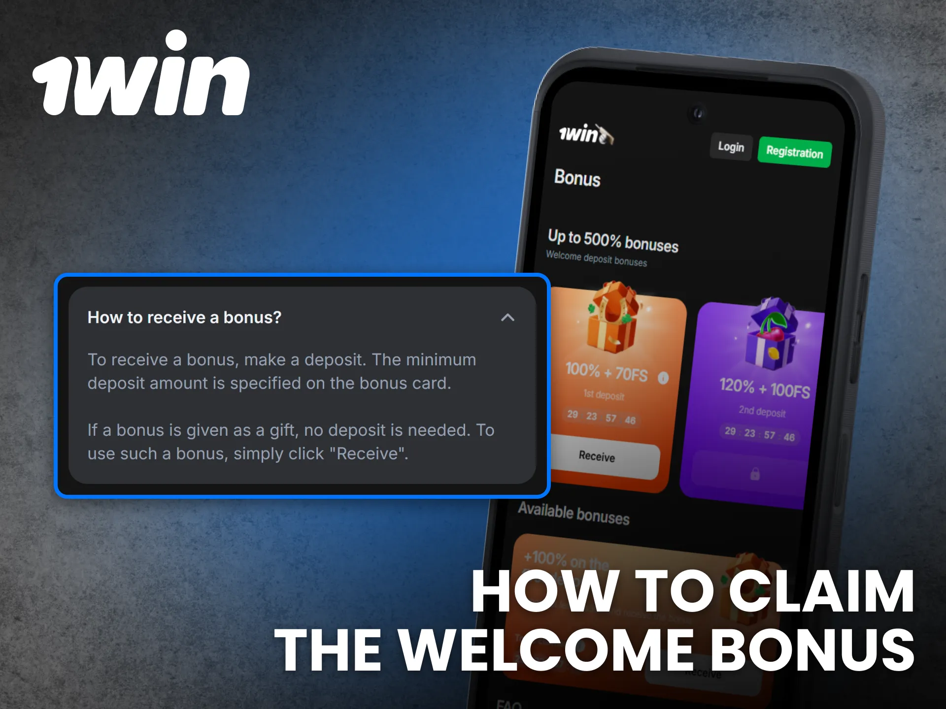 Claim 1win app welcome bonus in India by following steps.