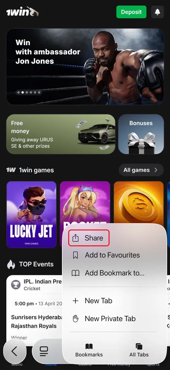 Access share menu to add 1win app shortcut on your device.
