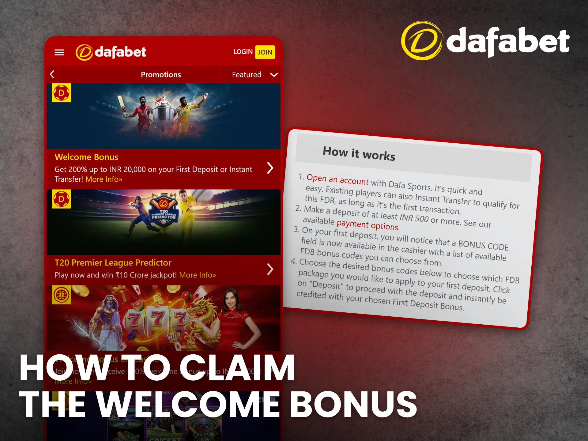 Follow steps in Dafabet app to activate your welcome bonus in India.