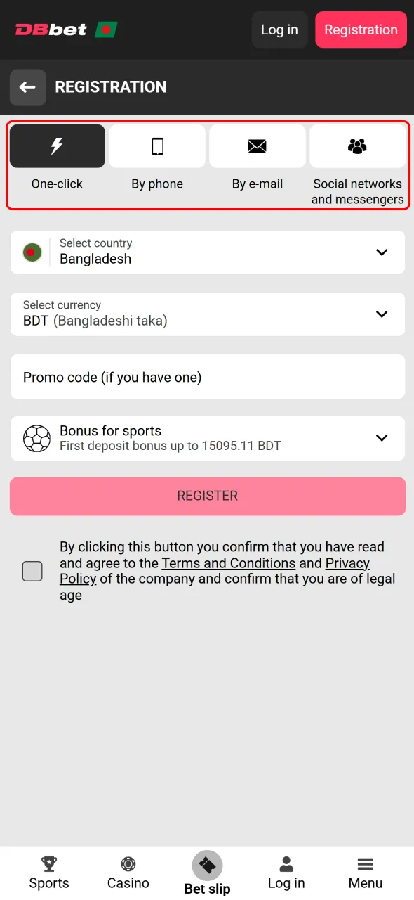 Pick Dbbet app sign up option and continue with preferred method.