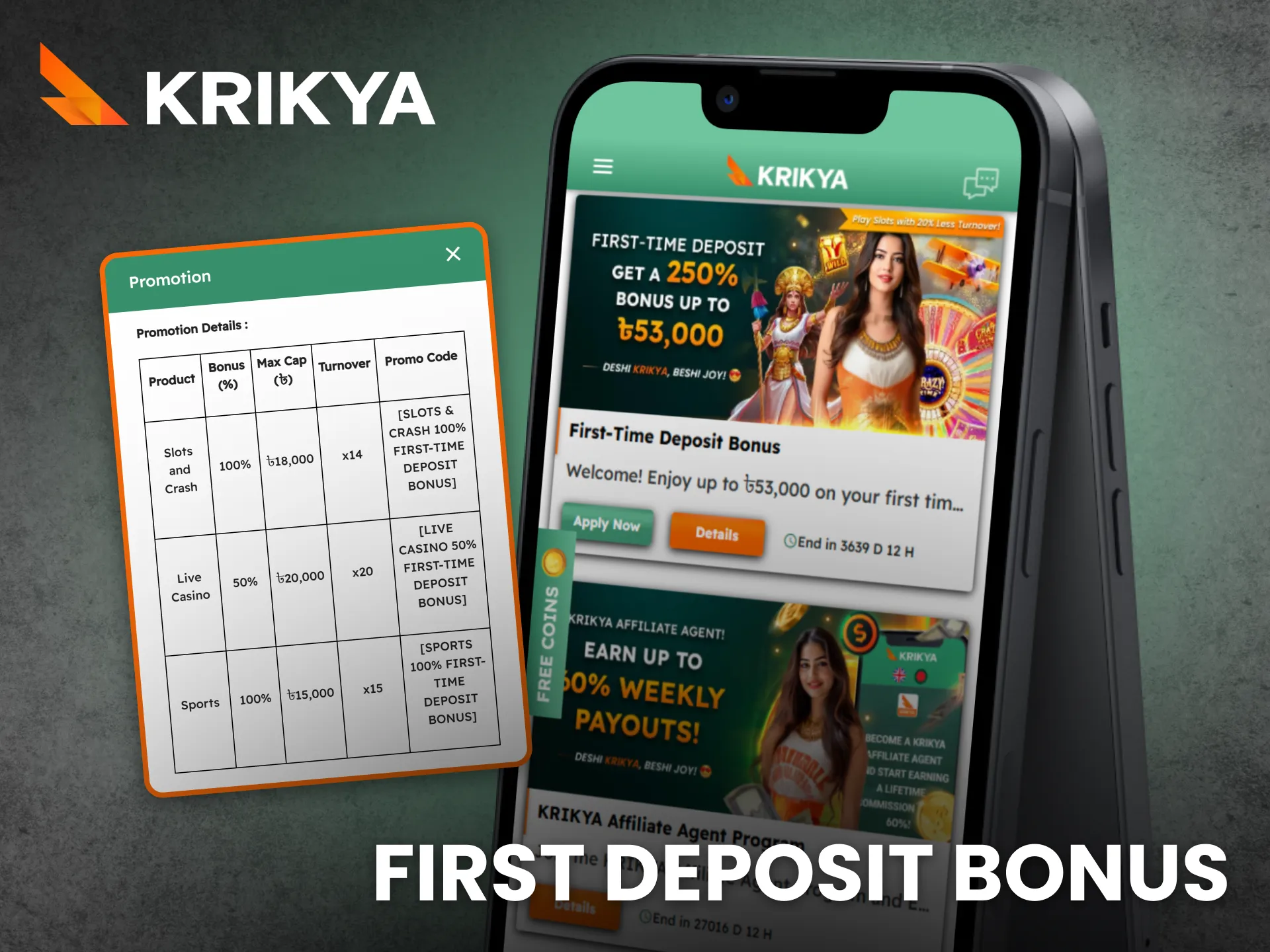 Activate Krikya app first deposit bonus and begin playing with advantages.