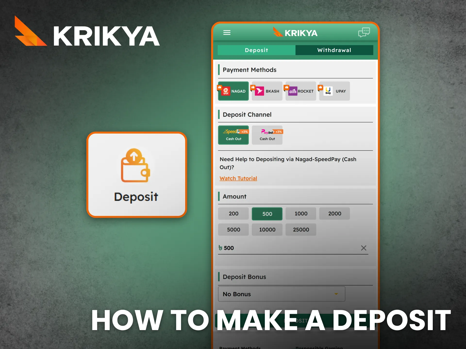 Make a deposit on Krikya app and fund your balance easily.