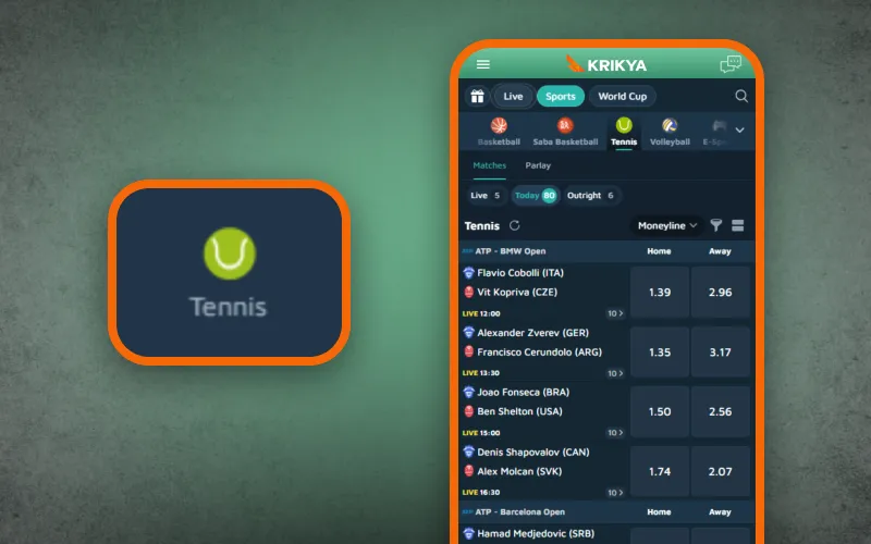 Bet on tennis games through Krikya app and test your skills.