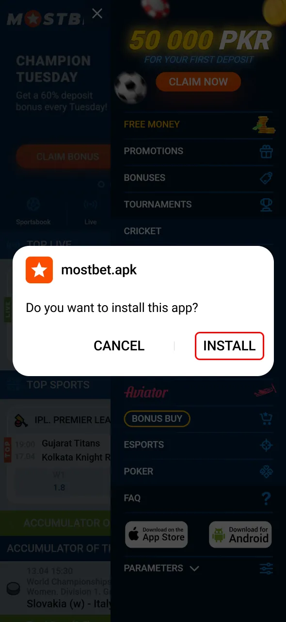 Complete installation of Mostbet app and prepare to start betting.