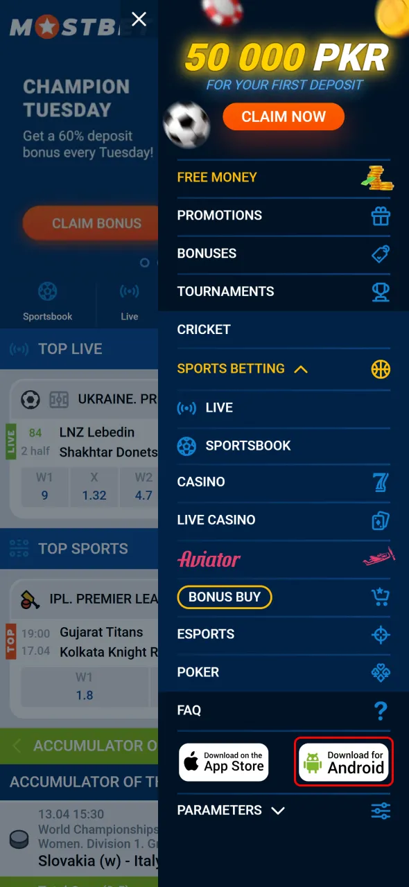 Tap app download option on Mostbet site to receive APK file.