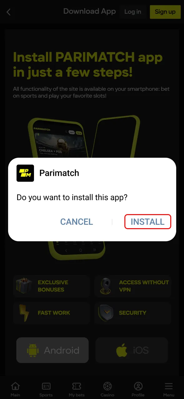 Confirm installation of Parimatch app and start using it in India.