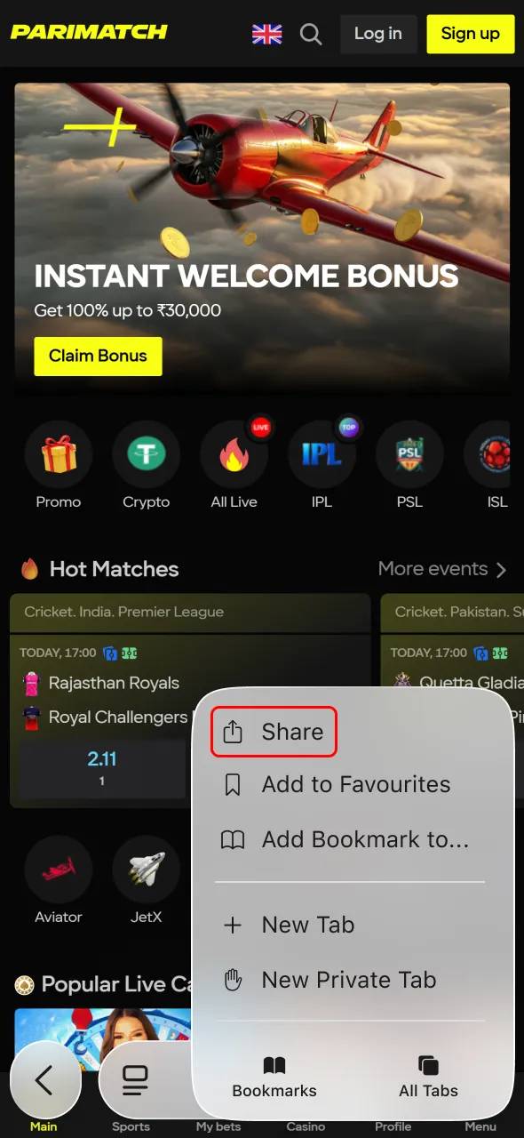 Access share menu on your device to add Parimatch app shortcut.