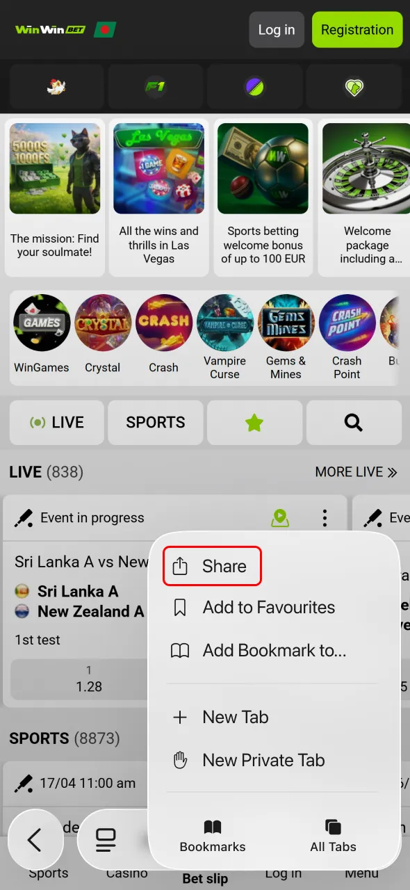 Press share in WinWin app page and continue installation steps.