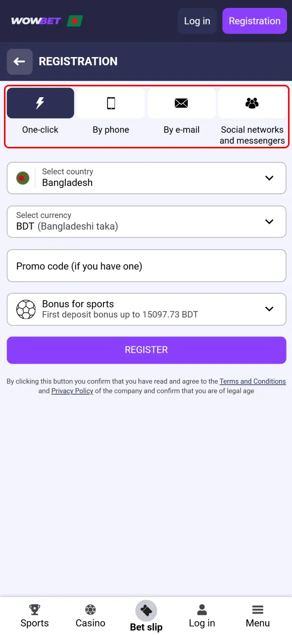 Choose Wowbet app registration method and proceed with setup.