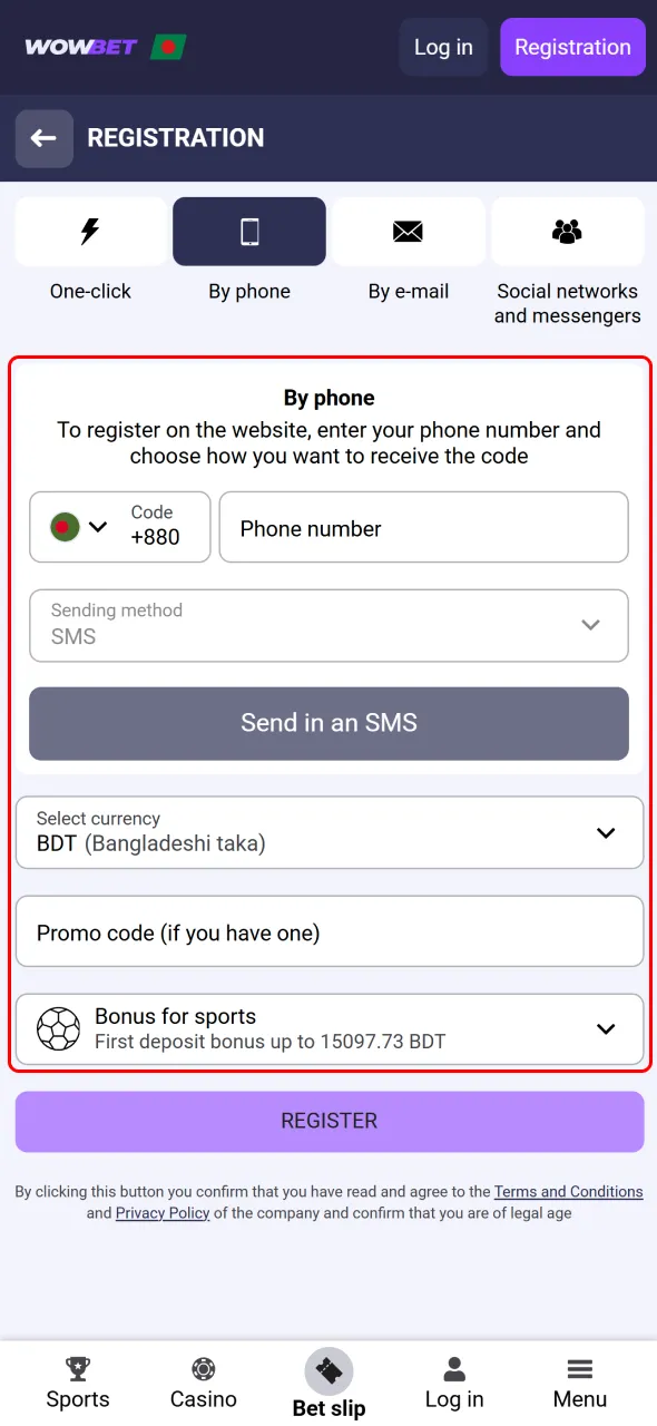 Fill in details on Wowbet app and complete registration easily.