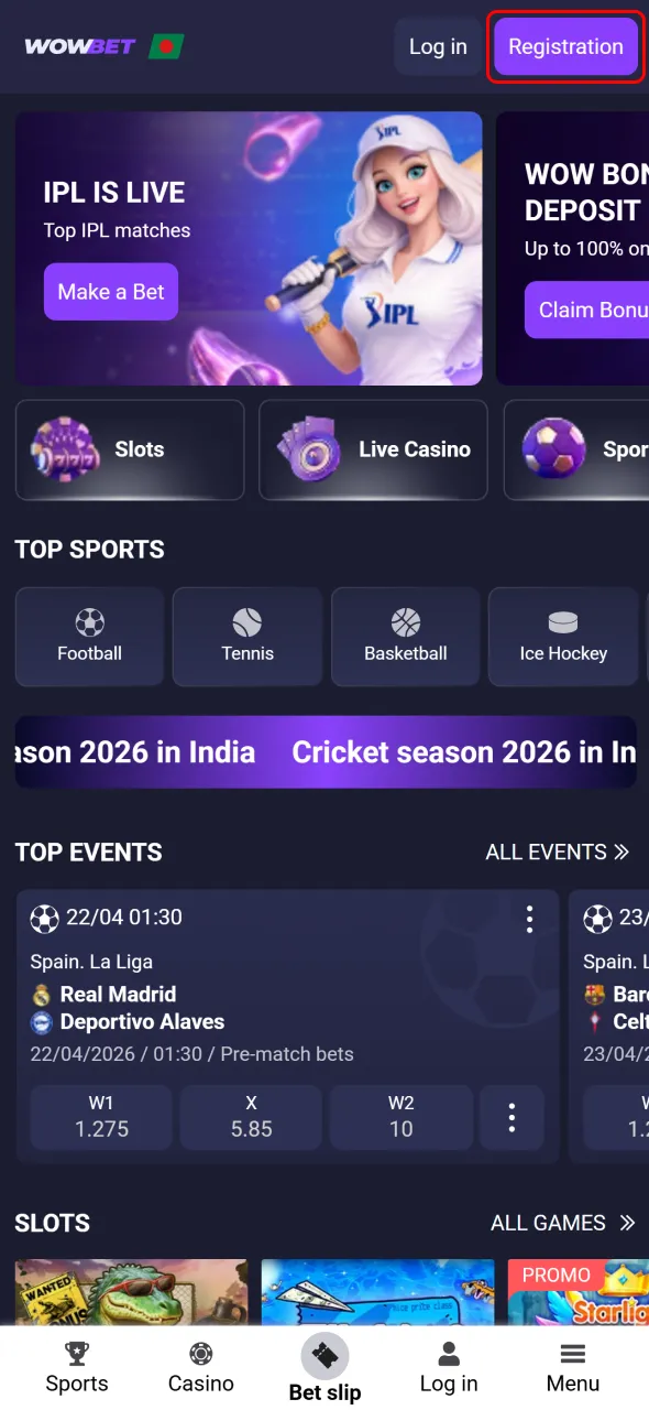 Open Wowbet app registration box and start creating your account.