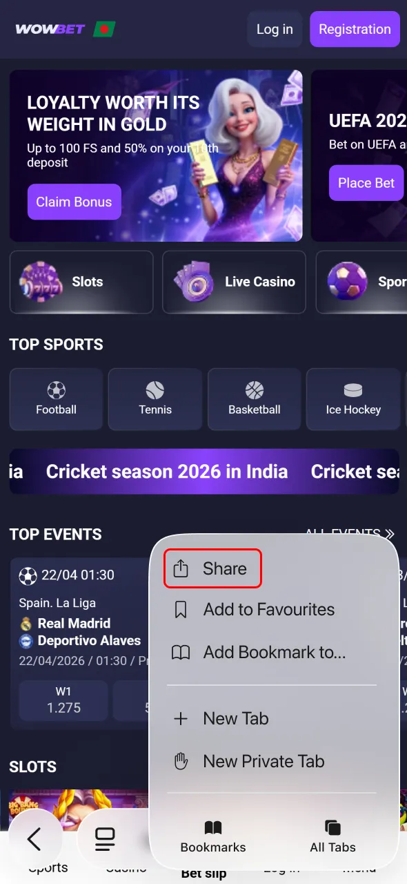 Open Wowbet menu and proceed with app installation steps quickly.